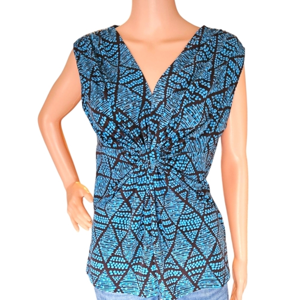Wmns Geometric Twist Front Blouse Sleeveless Sz M Work Attire Artsy Blue & Brown